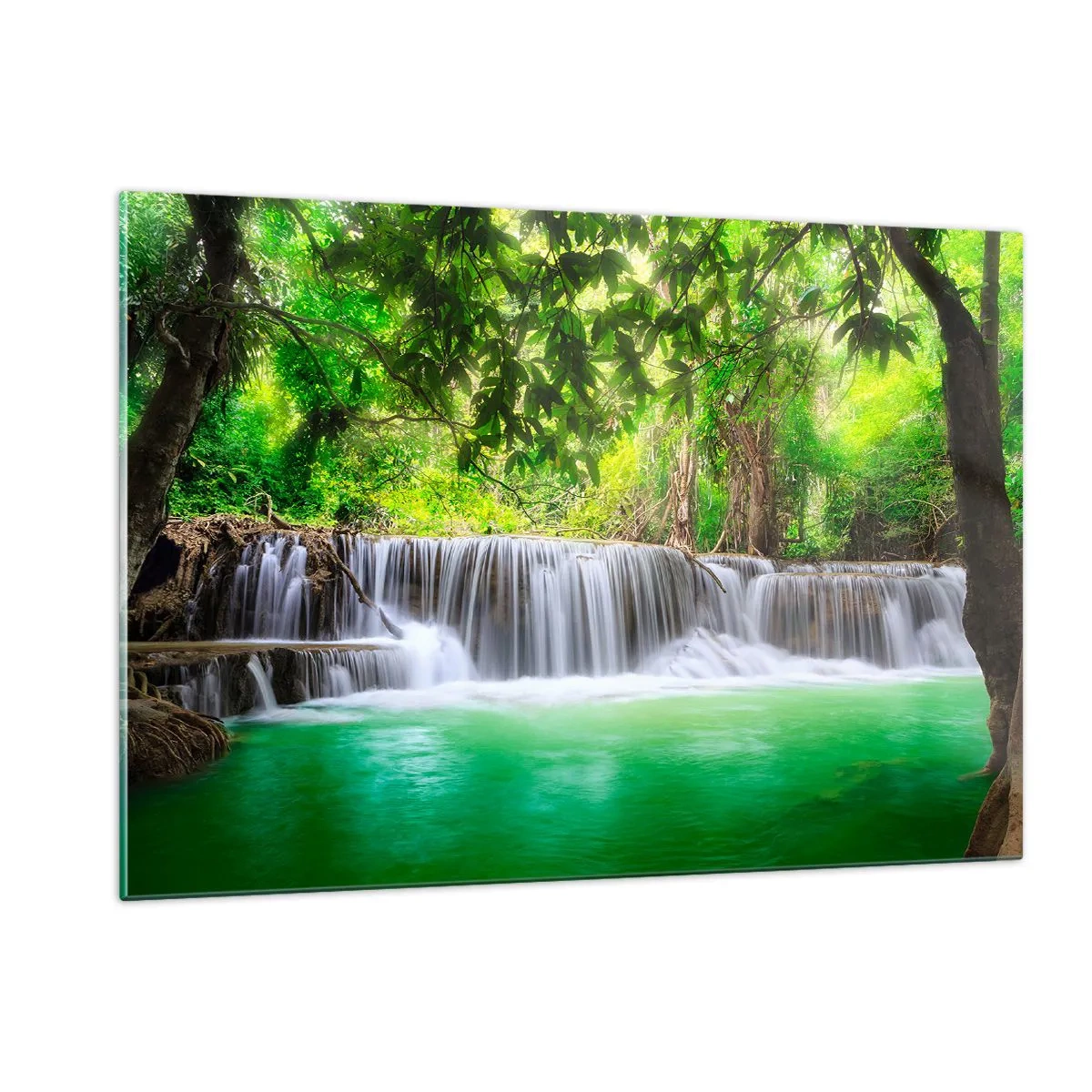 Quadro su vetro - Una cascata in una foresta tropicale con acqua cristallina - 120x80cm - Cascata nel verde - Decorazione murale moderna per soggiorno e camera da letto ARTTOR