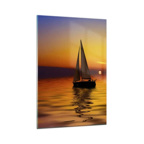 Quadro su vetro - Una barca a vela su un mare calmo al tramonto - 80x120cm - Che silenzio al tramonto... - Decorazione murale moderna per soggiorno e camera da letto ARTTOR