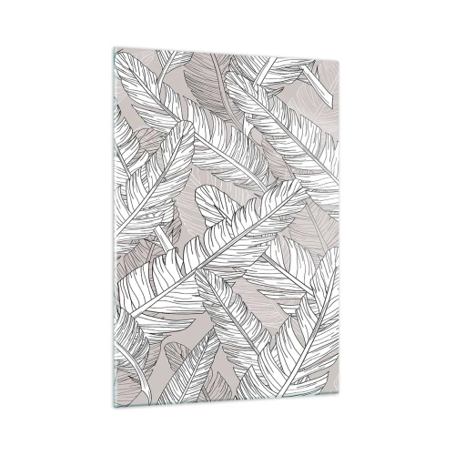 Quadro su vetro - Foglie in bianco e nero su sfondo beige in stile grafico - 50x70cm - Vortice di piume - Decorazione murale moderna per soggiorno e camera da letto ARTTOR