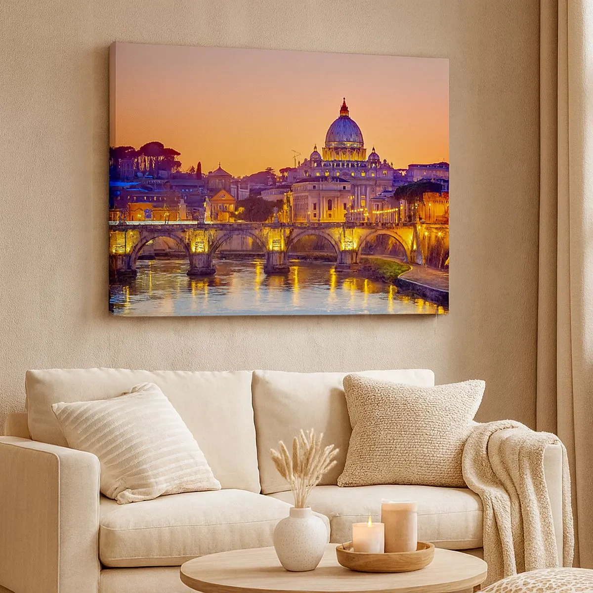 Quadro su tela - Stampe su Tela - Panorama del Vaticano al tramonto con un ponte sul fiume - 70x50cm - Tramonto sulla Città Eterna - Decorazione murale moderna per soggiorno e camera da letto ARTTOR