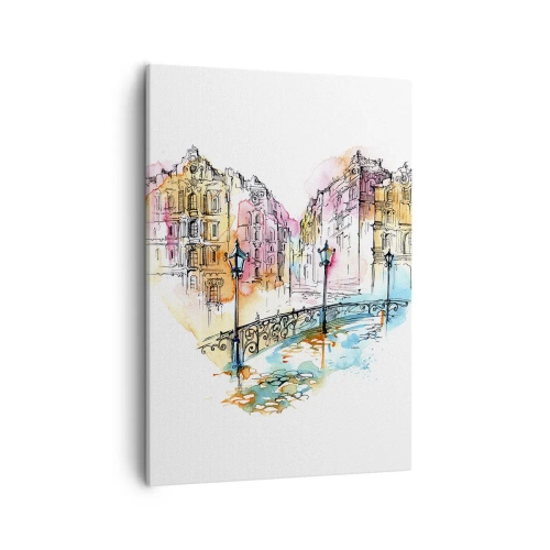 Quadro su tela - Stampe su Tela - Acquerello di un ponte e case popolari a forma di cuore - 50x70cm - Il cuore della città - Decorazione murale moderna per soggiorno e camera da letto ARTTOR