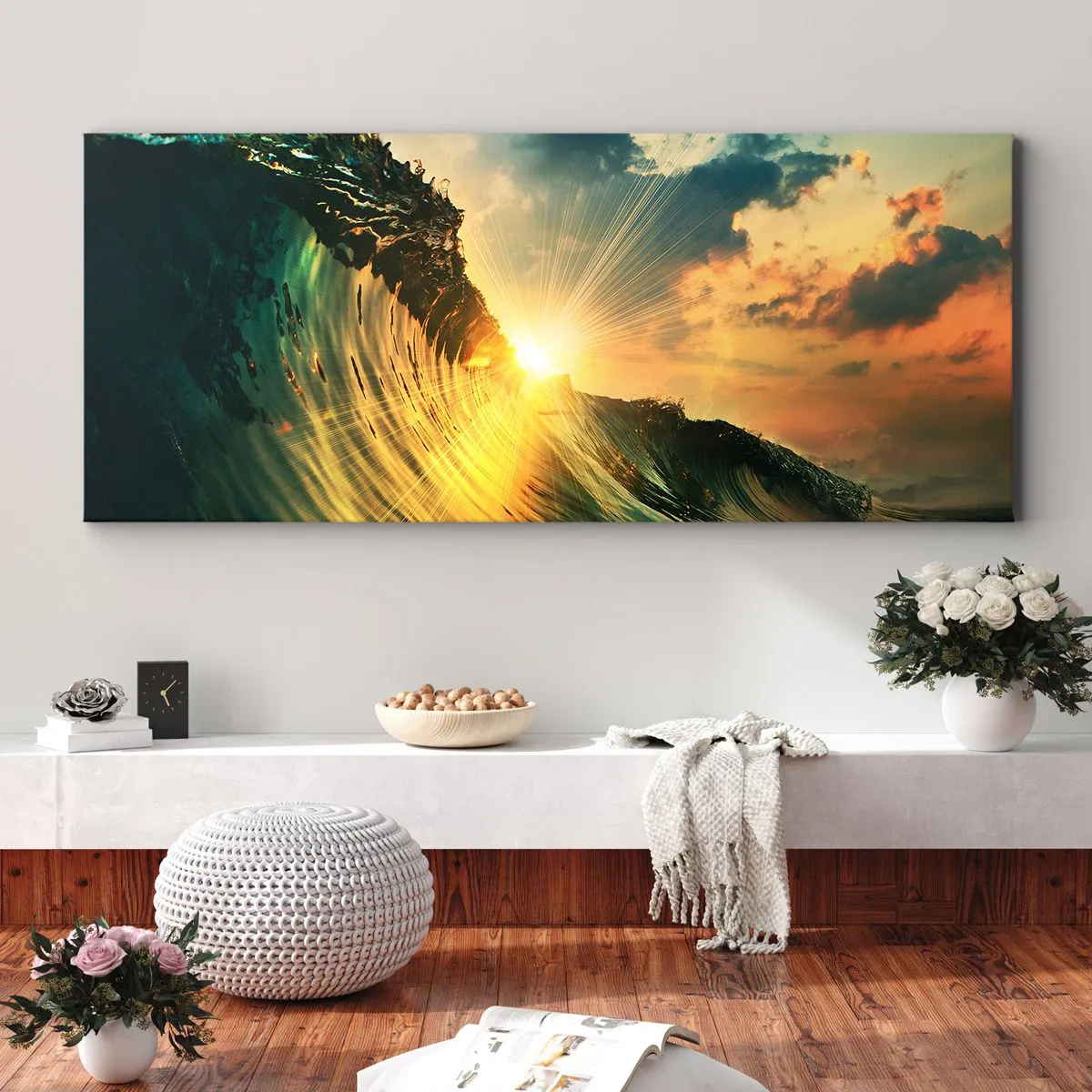 Quadro su tela - Stampe su Tela - Un'onda con il sole al tramonto e le nuvole illuminate - 140x50cm - Surfista, dove sei? - Decorazione murale moderna per soggiorno e camera da letto ARTTOR