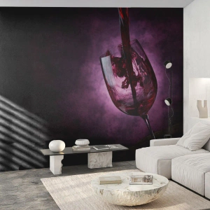 Fotomurali Premium Sand - Un bicchiere di vino rosso in movimento dinamico - 100x70cm - Scarlatto? Carminio? No, rubino - Decorazione murale moderna per soggiorno e camera da letto ARTTOR