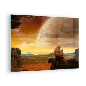 Quadro su vetro - Scimmie sedute su una roccia con un'enorme luna sullo sfondo - 70x50cm - L'amore è ovunque lo stesso - Decorazione murale moderna per soggiorno e camera da letto ARTTOR