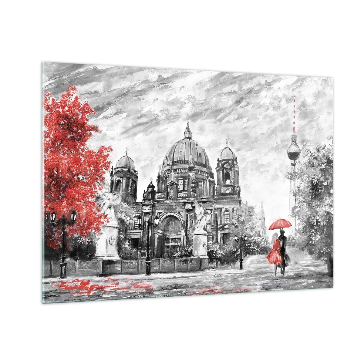 Quadro su vetro - Cattedrale di Berlino con accento rosso in toni monocromatici - 100x70cm - Incontro a Berlino - Decorazione murale moderna per soggiorno e camera da letto ARTTOR