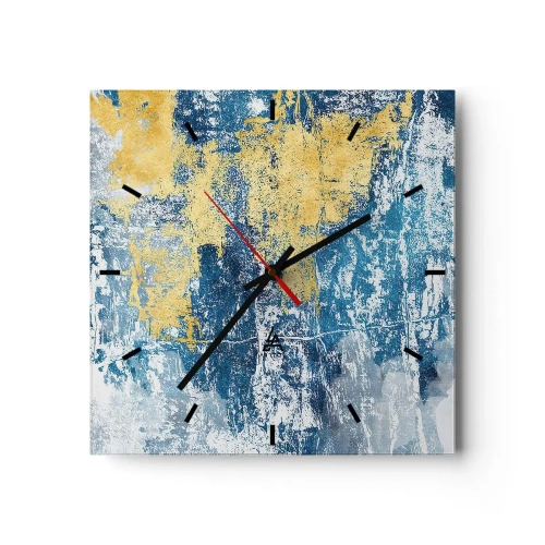 Orologio da parete - Orologio in Vetro - Astrazione nei toni del blu e del giallo - 30x30cm - Astrazione piena di ottimismo - Decorazione murale moderna per soggiorno e camera da letto ARTTOR
