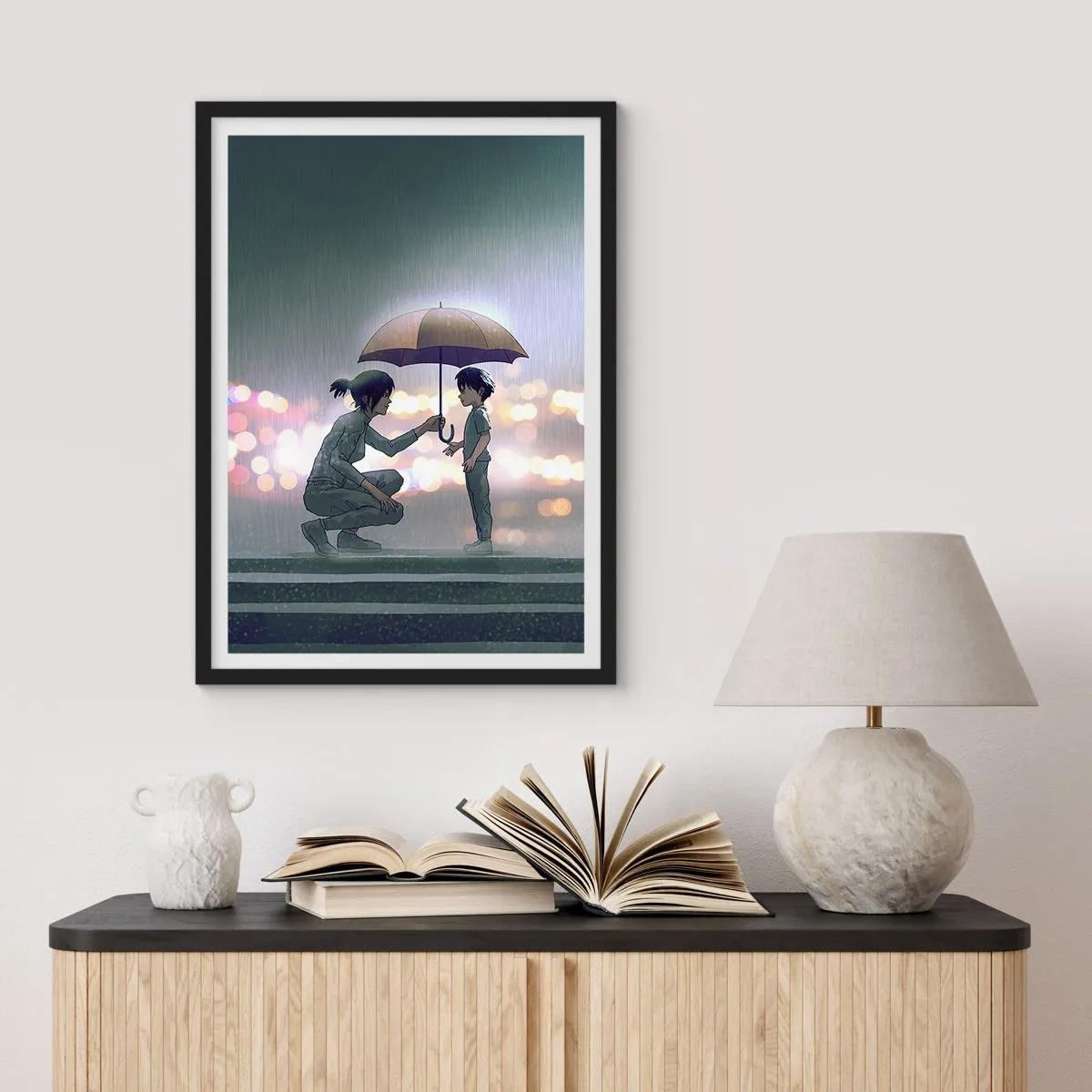 Poster in cornice nera - Un adulto che porge un ombrello a un bambino su uno sfondo piovoso - 50x70cm - E già tutto va bene - Decorazione murale moderna per soggiorno e camera da letto ARTTOR