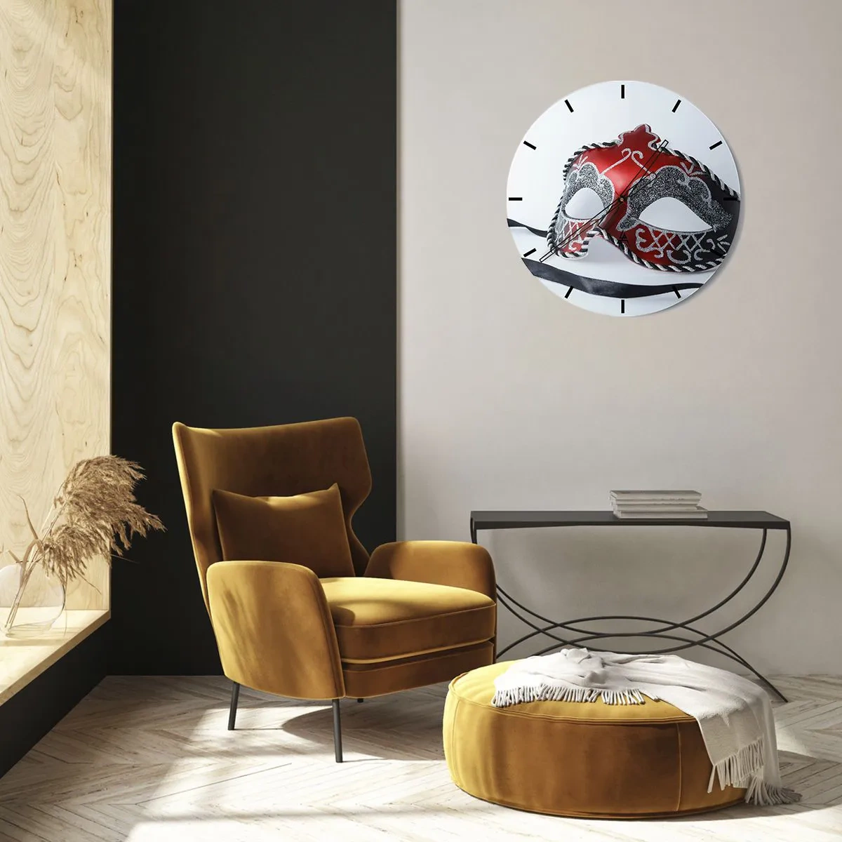 Orologio da parete - Orologio in Vetro - Maschera di Carnevale nei toni del rosso e del nero - 30x30cm - Invito al ballo - Decorazione murale moderna per soggiorno, cucina e camera da letto ARTTOR