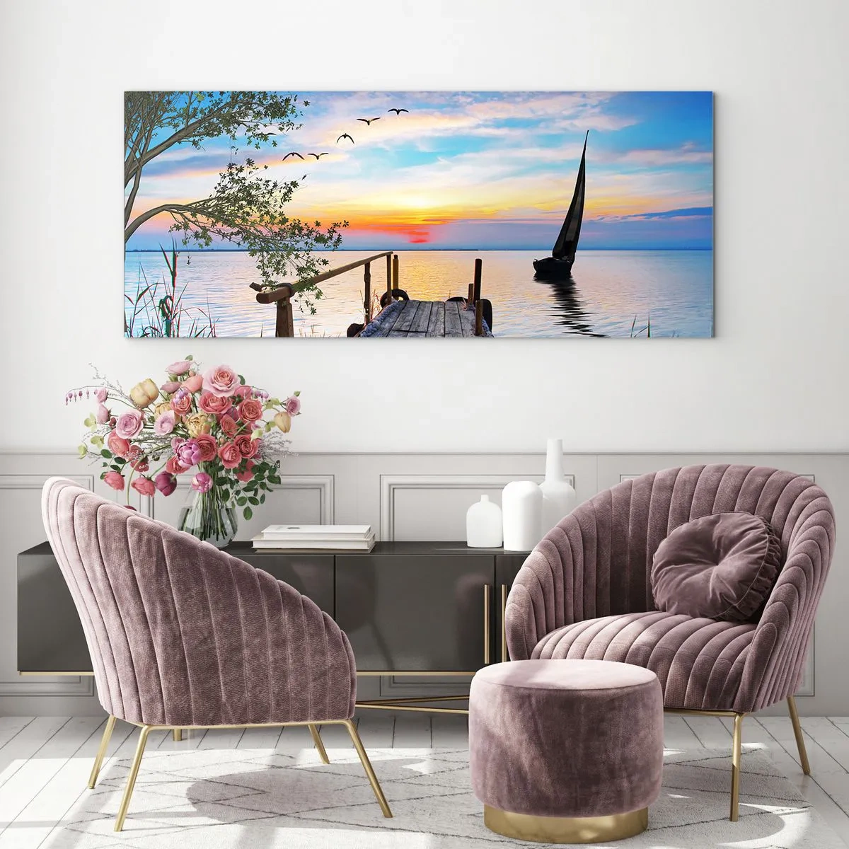 Quadro su vetro - Molo del lago con barca e tramonto - 160x50cm - Buona sera - Decorazione murale moderna per soggiorno e camera da letto ARTTOR