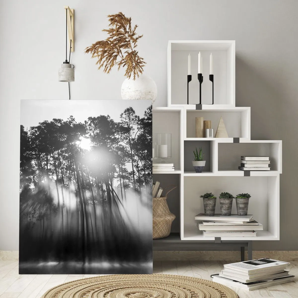 Quadro su vetro - Foresta bianca e nera nella nebbia mattutina - 70x100cm - Sole irrefrenabile - Decorazione murale moderna per soggiorno e camera da letto ARTTOR