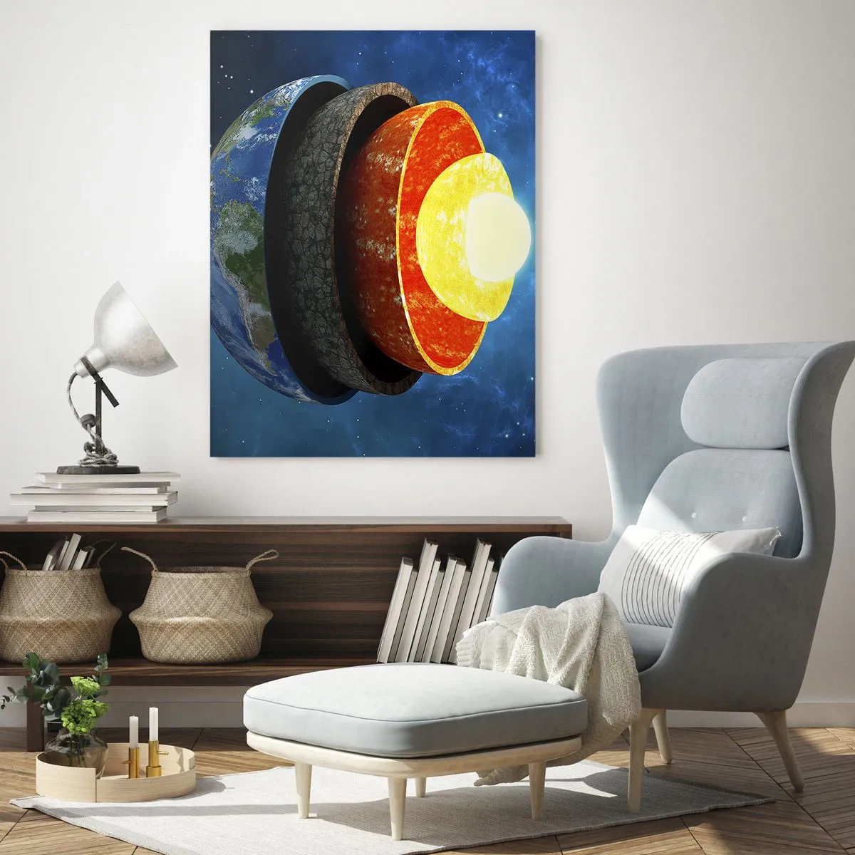 Quadro su vetro - Una sezione trasversale della Terra che mostra i suoi strati nello spazio. - 70x100cm - Viaggio al centro della terra - Decorazione murale moderna per soggiorno e camera da letto ARTTOR