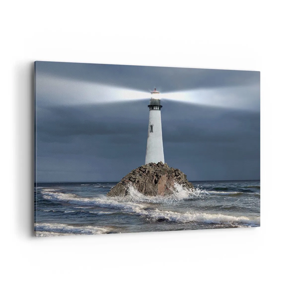 Quadro su tela - Stampe su Tela - Un faro su una roccia circondato da un mare in tempesta - 100x70cm - Qui...qui... qui! - Decorazione murale moderna per soggiorno e camera da letto ARTTOR