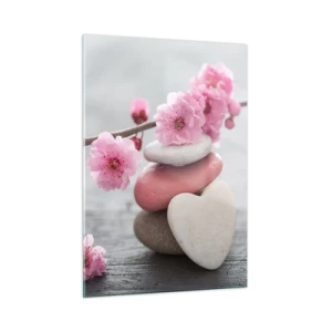 Quadro su vetro - Fiori di ciliegio rosa e pietre a forma di cuore - 50x70cm - Serenità con fiori di ciliegio - Decorazione murale moderna per soggiorno e camera da letto ARTTOR