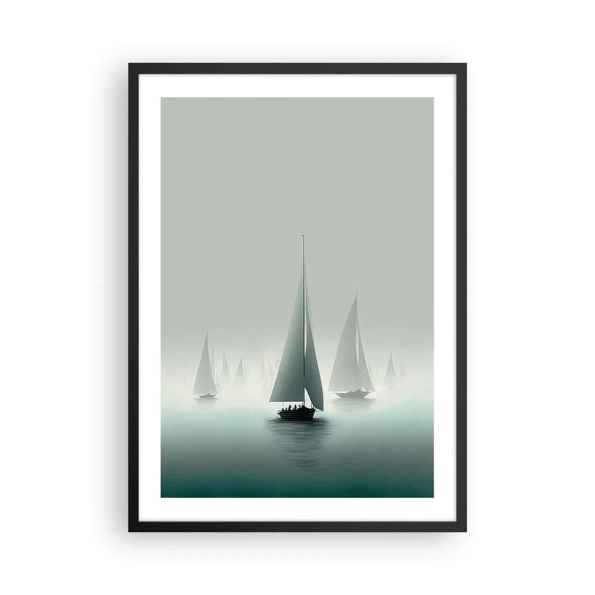 Poster in cornice nera - Un gruppo di barche a vela naviga su un mare nebbioso, circondato da acque calme. - 50x70cm - Fatte di nebbia - Decorazione murale moderna per soggiorno e camera da letto ARTTOR