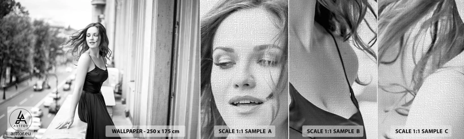 Campione di Fotomurale Premium Canvas - Sicuramente parigina - Donna, Città, Architettura - 100x30 cm