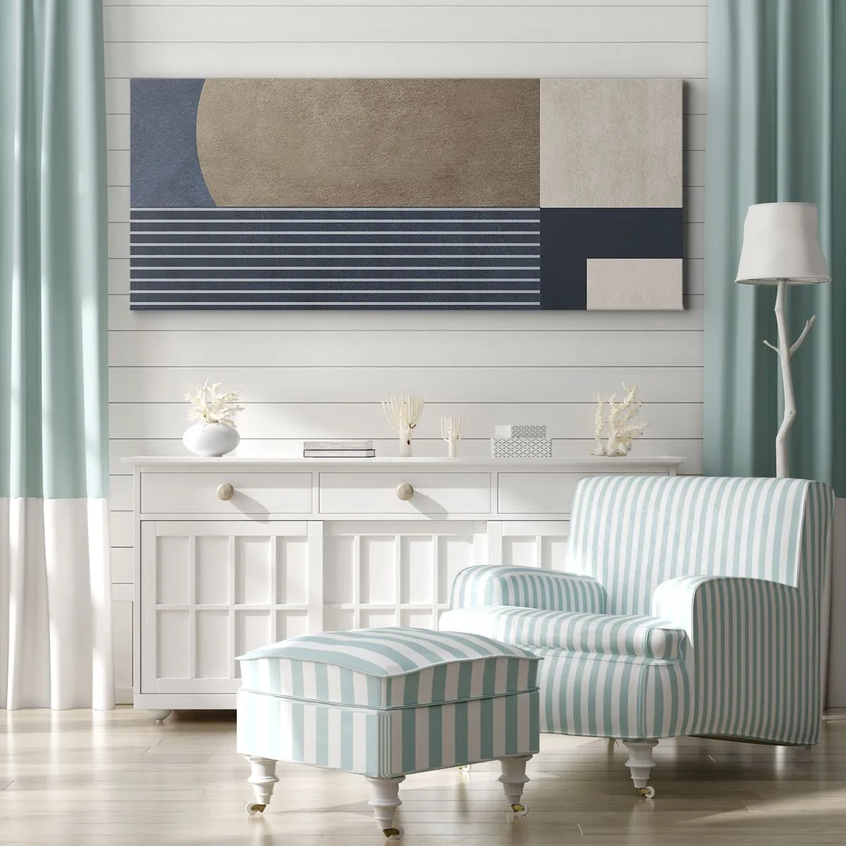 Quadro su tela - Stampe su Tela - Figure geometriche nei toni del beige e del blu navy con linee - 120x50cm - Composizione di semplicità e rotondità - Decorazione murale moderna per soggiorno e camera da letto ARTTOR