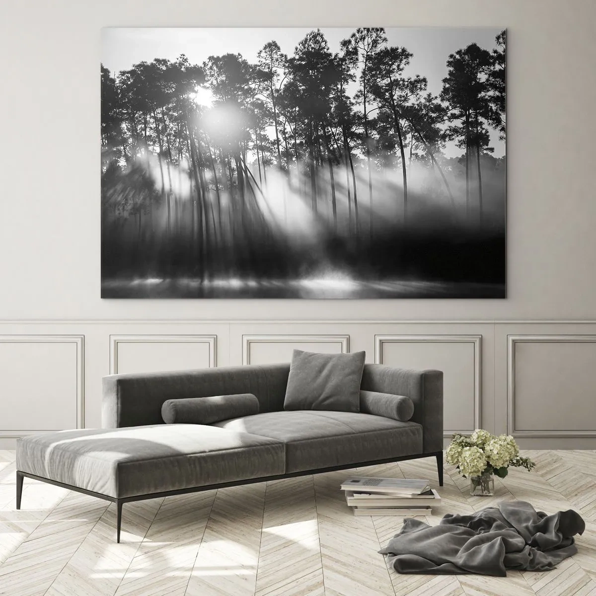 Quadro su vetro - Alberi bianchi e neri in una foresta con raggi di sole nella foschia - 120x80cm - Sole irrefrenabile - Decorazione murale moderna per soggiorno e camera da letto ARTTOR
