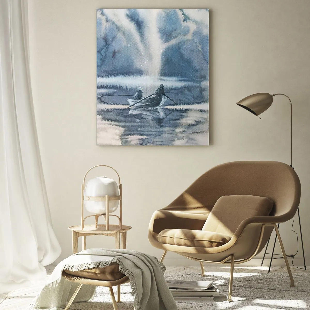 Quadro su vetro - Paesaggio ad acquerello con barche su un lago circondato da una foresta nebbiosa - 70x100cm - I pescatori nel loro paradiso - Decorazione murale moderna per soggiorno e camera da letto ARTTOR