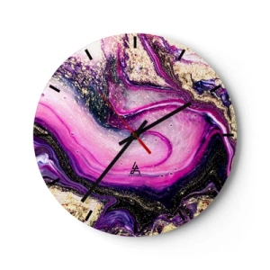 Orologio da parete - Orologio in Vetro - Un motivo astratto nelle tonalità del viola e dell'oro con un motivo a spirale. - 30x30cm - Un attimo dietro le quinte - Decorazione murale moderna per soggiorno, cucina e camera da letto ARTTOR
