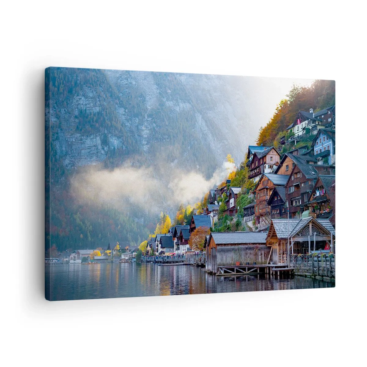 Quadro su tela - Stampe su Tela - Un villaggio di montagna vicino a un lago in uno scenario autunnale - 70x50cm - Atmosfera alpina - Decorazione murale moderna per soggiorno e camera da letto ARTTOR