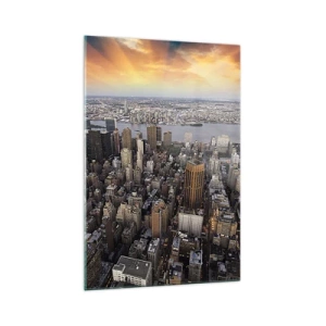 Quadro su vetro - Vista della metropoli con il sole al tramonto - 70x100cm - Il cuore pulsante dei nostri tempi - Decorazione murale moderna per soggiorno e camera da letto ARTTOR