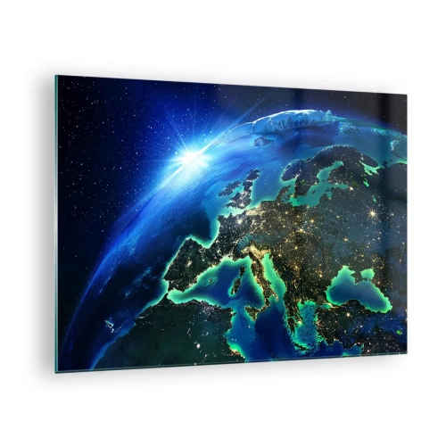 Quadro su vetro - Vista della Terra dallo spazio con Europa che brilla di notte - 70x50cm - L'Europa scintillante - Decorazione murale moderna per soggiorno e camera da letto ARTTOR