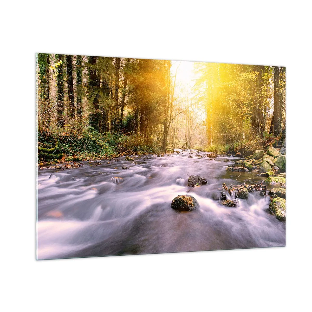 Quadro su vetro - Ruscello della foresta alla luce del sole - 100x70cm - Malachite in cornice oro-argento - Decorazione murale moderna per soggiorno e camera da letto ARTTOR