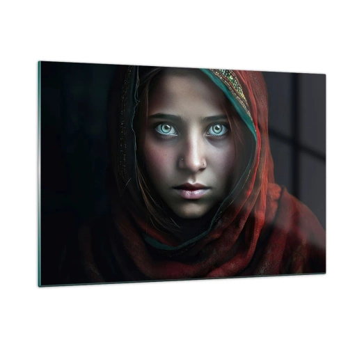 Quadro su vetro - Ritratto di una donna con una sciarpa rossa su uno sfondo scuro - 120x80cm - Principessa d'oriente - Decorazione murale moderna per soggiorno e camera da letto ARTTOR