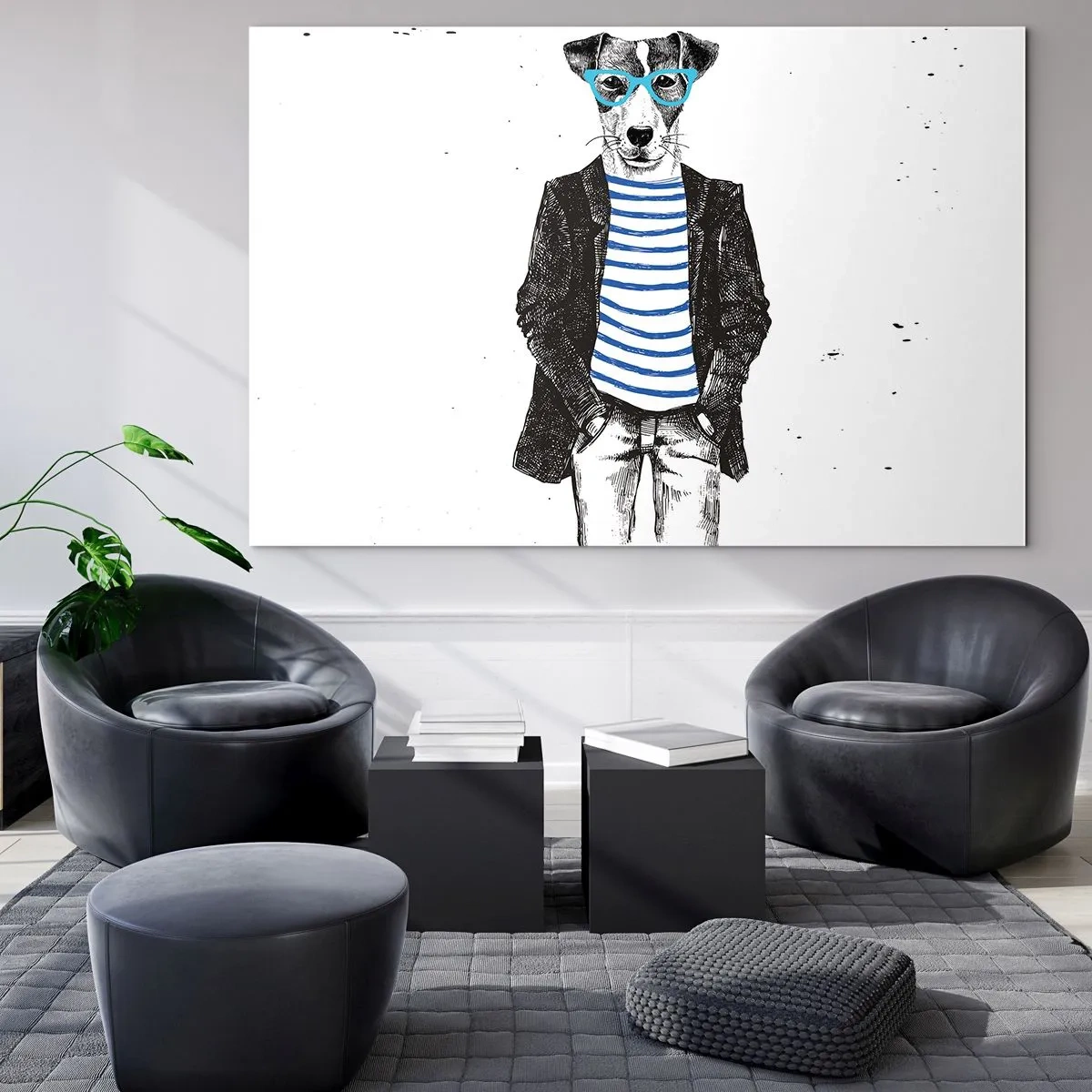 Quadro su vetro - Illustrazione di un cane che indossa una camicia da marinaio e occhiali su uno sfondo bianco - 70x50cm - Incantesimo sul cane - Decorazione murale moderna per soggiorno e camera da letto ARTTOR