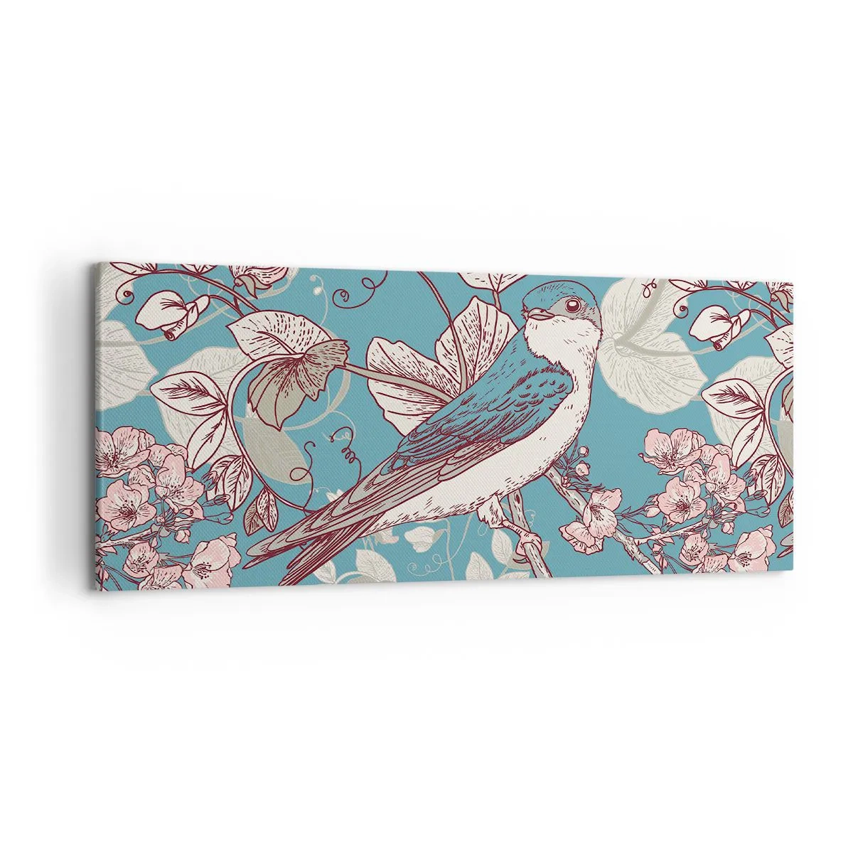 Quadro su tela - Stampe su Tela - Un uccello su un ramo in un delicato stile floreale - 120x50cm - Sul pioppo riflessi e cinguettii - Decorazione murale moderna per soggiorno e camera da letto ARTTOR