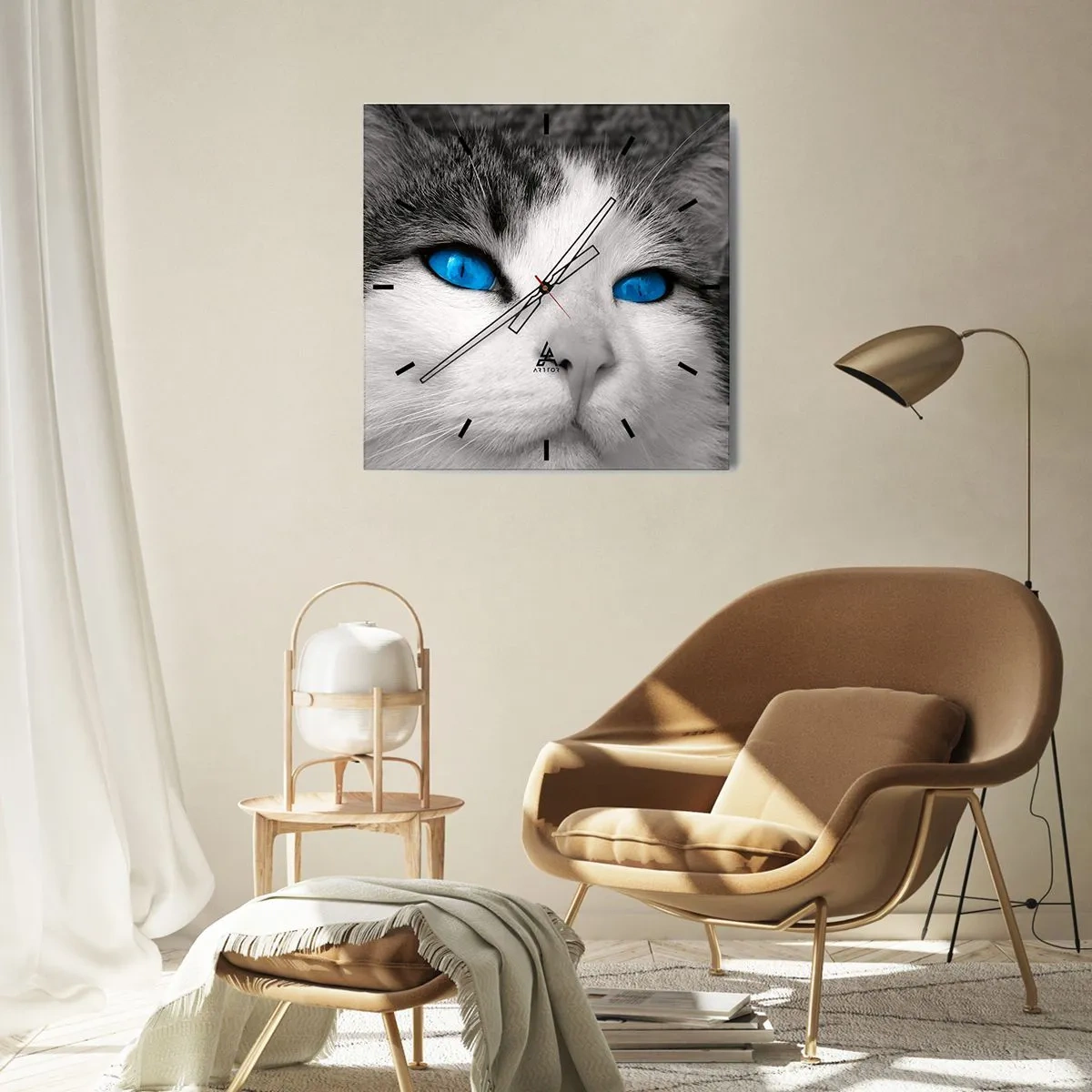 Orologio da parete - Orologio in Vetro - Ritratto di un gatto con gli occhi azzurri in stile bianco e nero - 30x30cm - Insoliti occhi azzurri - Decorazione murale moderna per soggiorno e camera da letto ARTTOR