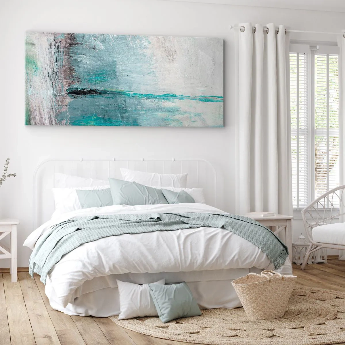 Quadro su tela - Stampe su Tela - Astrazione nei toni del turchese e del grigio - 140x50cm - Orizzonte nel blu - Decorazione murale moderna per soggiorno e camera da letto ARTTOR