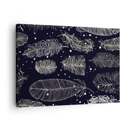 Quadro su tela - Stampe su Tela - Delicate piume bianche su sfondo blu navy - 70x50cm - Pizzo piumato - Decorazione murale moderna per soggiorno e camera da letto ARTTOR
