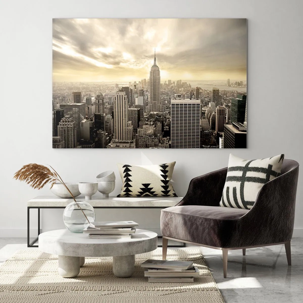 Quadro su vetro - Panorama della città con grattacieli e l'Empire State Building - 70x50cm - New York in grigio - Decorazione murale moderna per soggiorno e camera da letto ARTTOR
