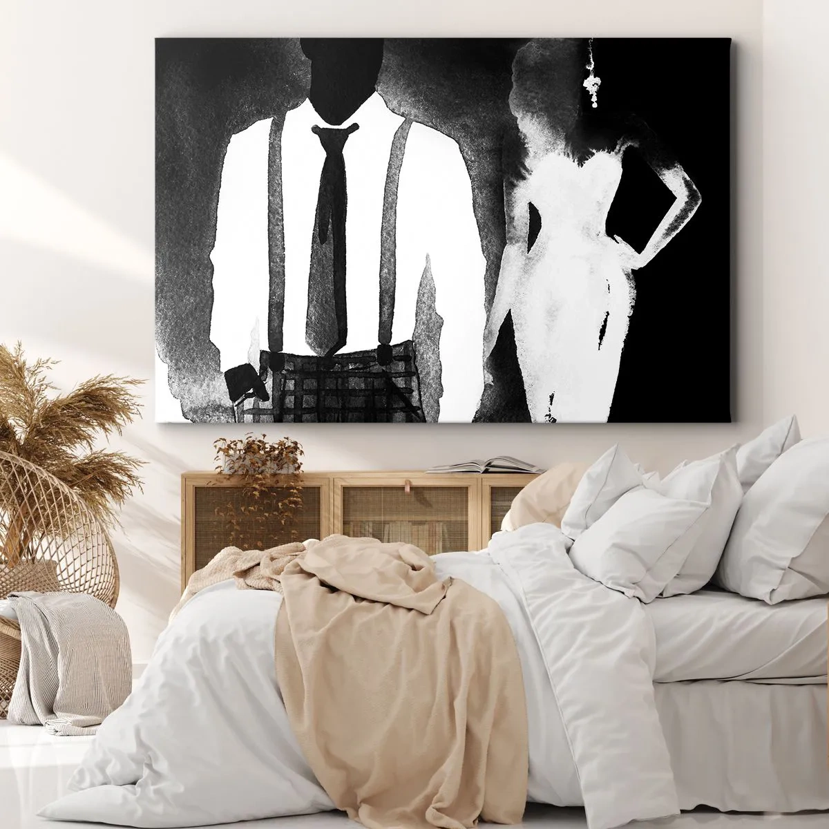 Quadro su tela - Stampe su Tela - Personaggi in stile noir, eleganza in bianco e nero e mistero - 70x50cm - Atmosfera noir - Decorazione murale moderna per soggiorno e camera da letto ARTTOR