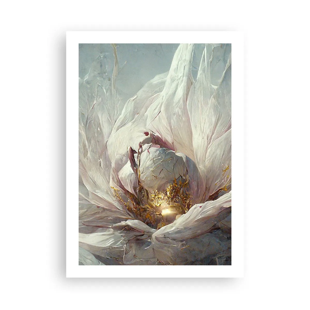 Poster - Una sottile astrazione con motivo floreale in delicate tonalità di bianco e oro. - 50x70cm - Fiorisce ogni cento anni - Decorazione murale moderna per soggiorno e camera da letto ARTTOR