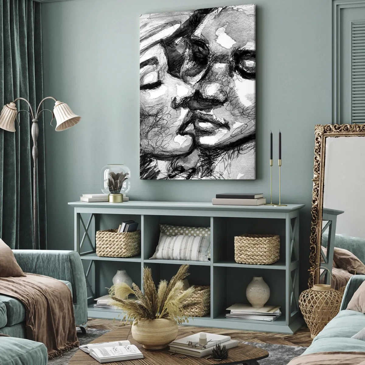Quadro su tela - Stampe su Tela - Un acquerello in bianco e nero che raffigura un momento intimo tra due persone. - 50x70cm - Un attimo di tenerezza - Decorazione murale moderna per soggiorno e camera da letto ARTTOR