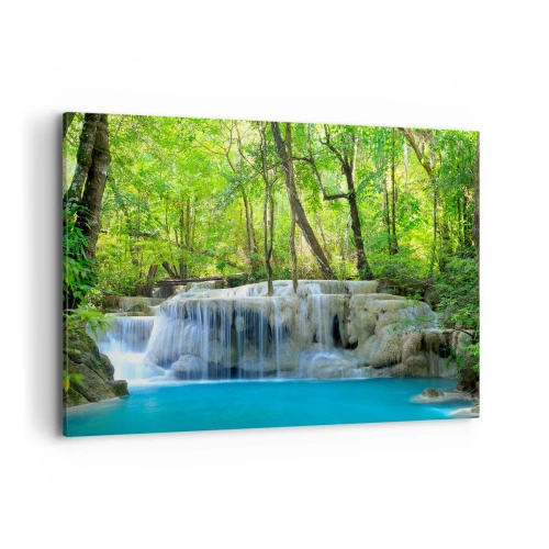 Quadro su tela - Stampe su Tela - Una cascata tra alberi verdi con acqua blu in un ambiente naturale - 100x70cm - Annegare nel turchese e nel verde - Decorazione murale moderna per soggiorno e camera da letto ARTTOR
