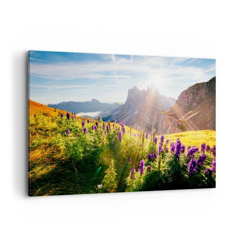 Quadro su tela - Stampe su Tela - Paesaggio montano con fiori alla luce del sole nascente - 100x70cm - La vita segreta delle erbe - Decorazione murale moderna per soggiorno e camera da letto ARTTOR