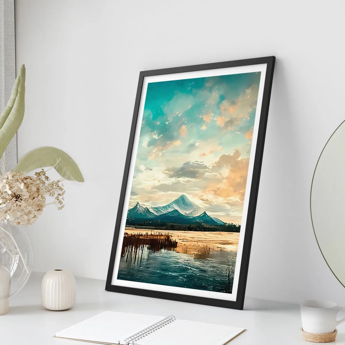 Poster in cornice nera - Pittoresco paesaggio montano al tramonto - 50x70cm - Sotto la protezione del cielo - Decorazione murale moderna per soggiorno e camera da letto ARTTOR