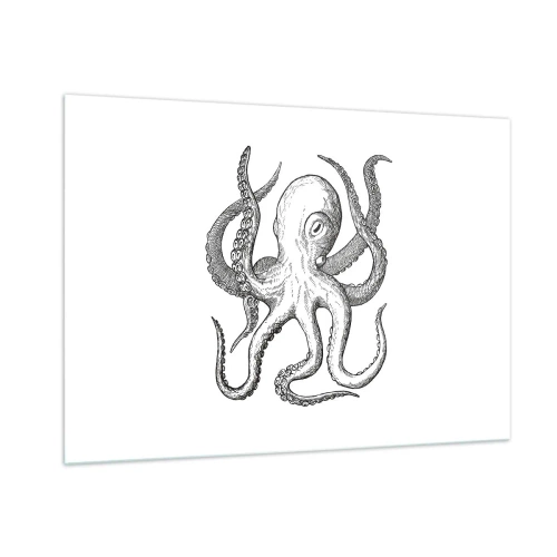 Quadro su vetro - Disegno in bianco e nero di un polpo su sfondo bianco - 100x70cm - Ballando con le onde - Decorazione murale moderna per soggiorno e camera da letto ARTTOR