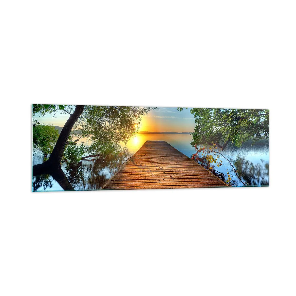 Quadro su vetro - Un molo di legno circondato dal verde durante il tramonto - 160x50cm - Non avere fretta, siediti - Decorazione murale moderna per soggiorno e camera da letto ARTTOR