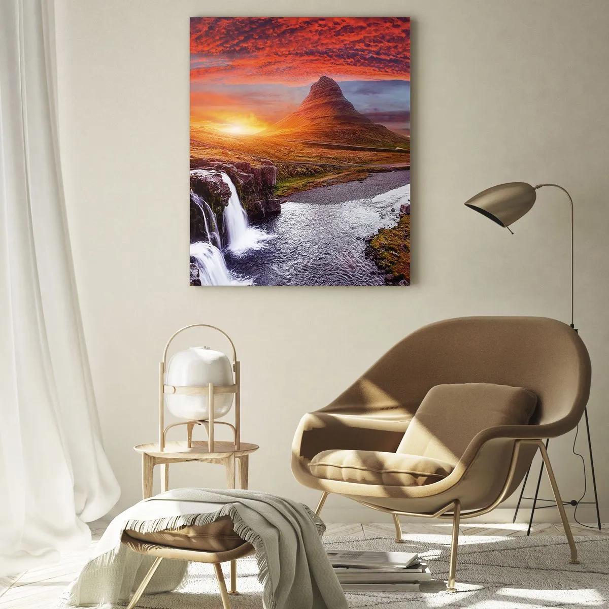 Quadro su vetro - Paesaggio montano con cascata al tramonto - 70x100cm - Paesaggio della Terra di Mezzo - Decorazione murale moderna per soggiorno e camera da letto ARTTOR