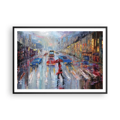 Poster in cornice nera - Una donna con un ombrello in una strada piovosa, illuminata dalle luci al neon. - 100x70cm - Pomeriggio di pioggia in città - Decorazione murale moderna per soggiorno e camera da letto ARTTOR