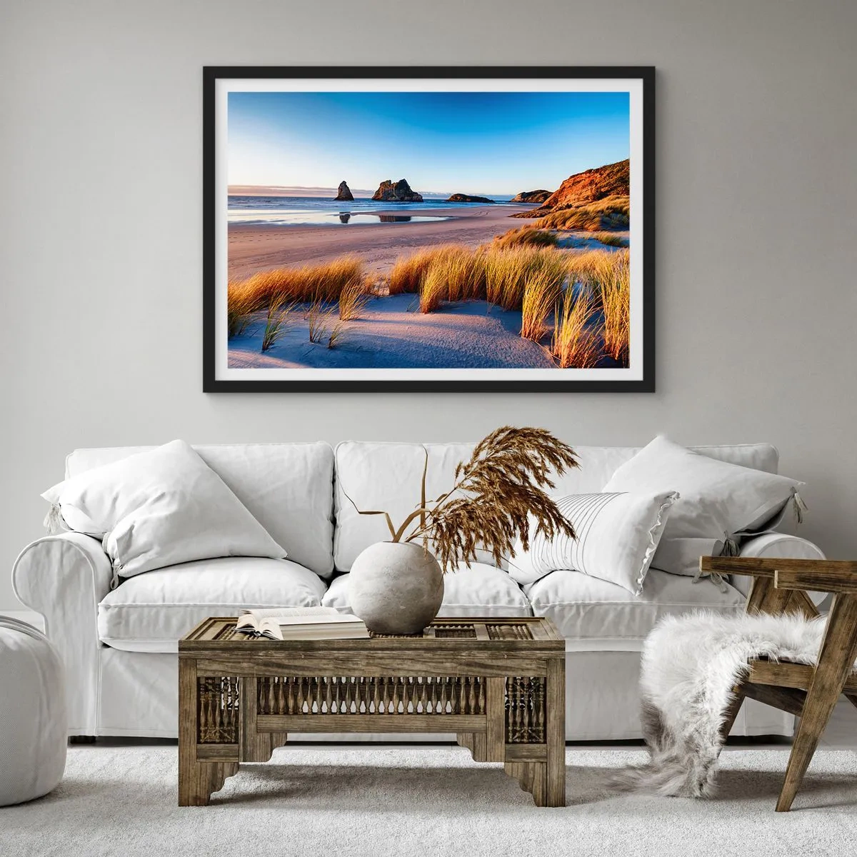 Poster in cornice nera - Una spiaggia pittoresca con vista sulle rocce e sul mare al tramonto - 100x70cm - Per i cercatori di pace - Decorazione murale moderna per soggiorno e camera da letto ARTTOR