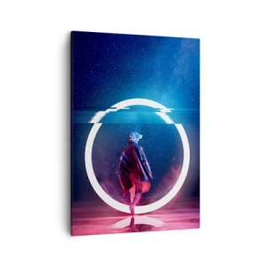 Quadro su tela - Stampe su Tela - Un personaggio in un ambiente futuristico con un cerchio al neon - 50x70cm - Tra due mondi - Decorazione murale moderna per soggiorno e camera da letto ARTTOR