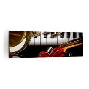 Quadro su tela - Stampe su Tela - Un sassofono dorato, tasti di pianoforte e un violino rosso - 160x50cm - Metallo, legno e avorio - Decorazione murale moderna per soggiorno e camera da letto ARTTOR