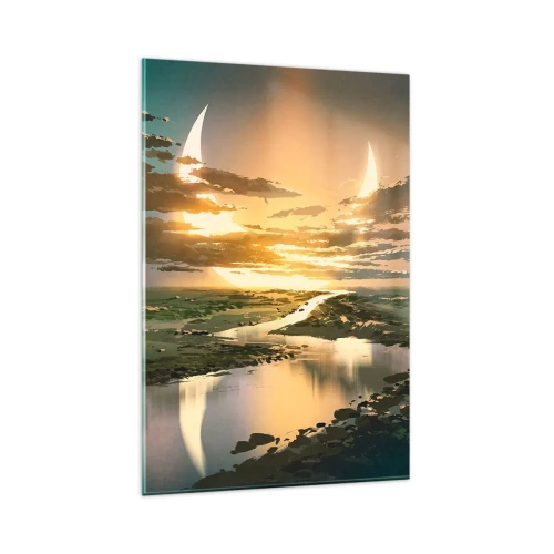 Quadro su vetro - Un paesaggio fantastico con due lune all'orizzonte - 80x120cm - Da qualche parte in una galassia lontana - Decorazione murale moderna per soggiorno e camera da letto ARTTOR