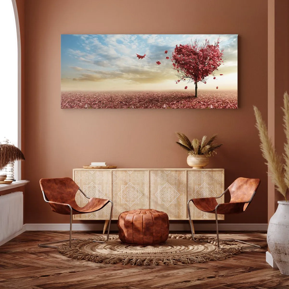 Quadro su tela - Stampe su Tela - Un albero solitario a forma di cuore in un campo di foglie rosse - 160x50cm - Ama questo autunno - Decorazione murale moderna per soggiorno e camera da letto ARTTOR