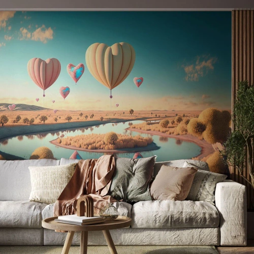 Fotomurali Premium Sand - Palloncini a forma di cuore sopra un fiume calmo - 100x70cm - L'amore permette di volare - Decorazione murale moderna per soggiorno e camera da letto ARTTOR